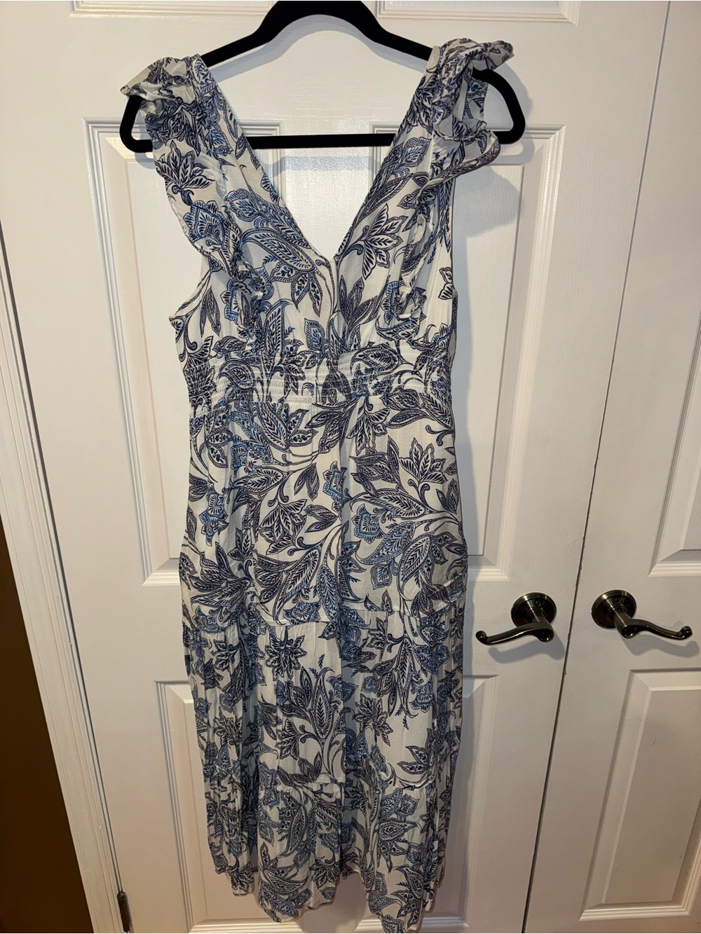 Joie White and Blue Floral Midi Dress with Ruffle Straps